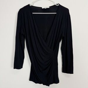 Max Mara Faux Wrap Top Womens Medium Black V-Neck Stretch Made in Italy